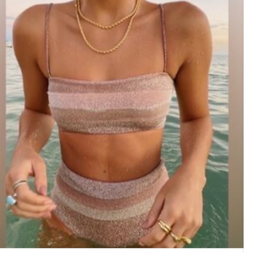 Elysiian Metallic Lurex Striped Bikini Set High Waisted Rose Gold Pink Small